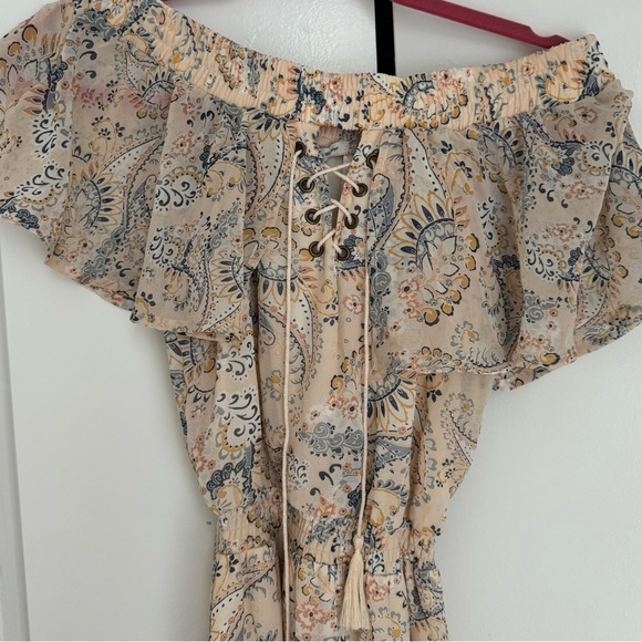 American rag off shoulder peasant blue cream paisley long lined dress sz XS NWT - Picture 11 of 12